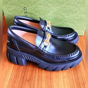 Brand New Gucci Platform Black Leather  Women Horsebit Loafers EU 40 US 10